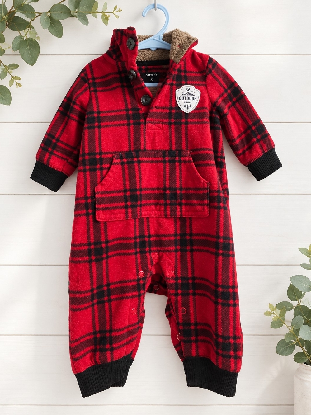 Carter’s Baby 3 Months Red Black Plaid Fleece Romper